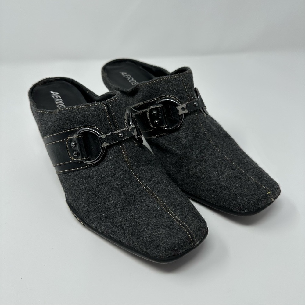 AEROSOLES Charcoal Grey Buckle Slip-On Mules Heel Sz 6.5 Y2K